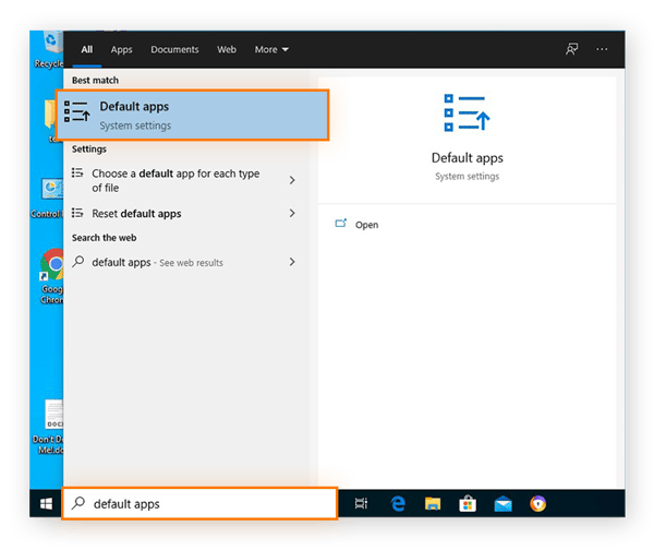 Pesquisar as configurações do sistema de aplicativos padrão a partir do menu Iniciar no Windows 10.