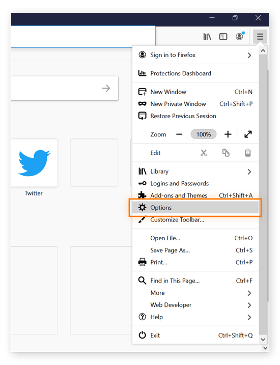 Se muestra el menú desplegable del navegador Mozilla con el elemento del menú de opciones seleccionado.