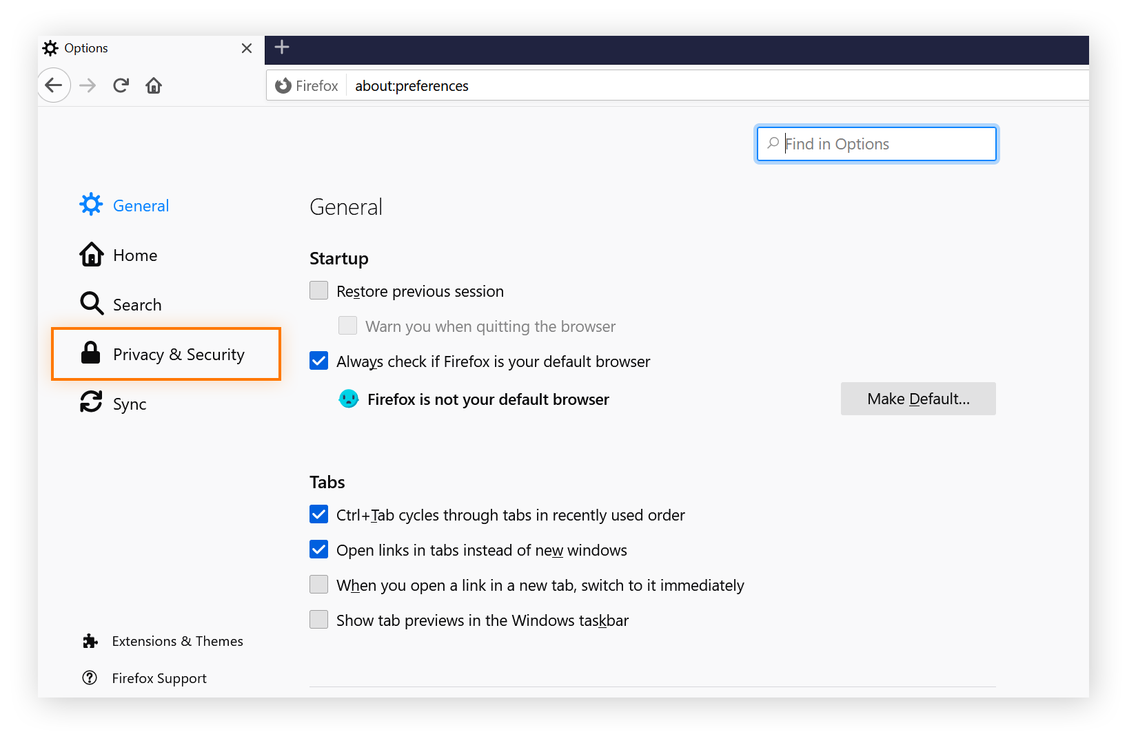 Página de configuración del navegador Mozilla Firefox con Privacidad y Seguridad seleccionado en las opciones del menú de la izquierda.