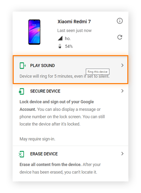 La fonction FAIRE SONNER encadrée dans Localiser mon appareil de Google