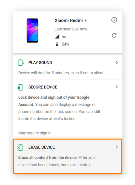  L’option EFFACER LES DONNÉES DE L’APPAREIL dans Localiser mon appareil de Google