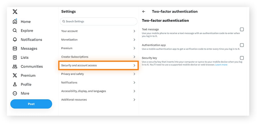 Configuration de l’authentification à deux facteurs sur Twitter.