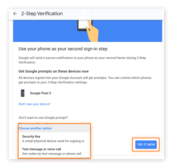 Em destaque: outras opções de prompt e o botão “Experimentar agora” na página de verificação em 2 etapas do Google