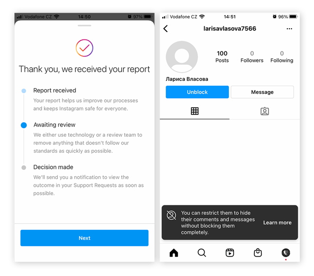 Depois de denunciar um golpista ao Instagram, denuncie e bloqueie a conta para que ele não possa voltar a entrar em contato com você.