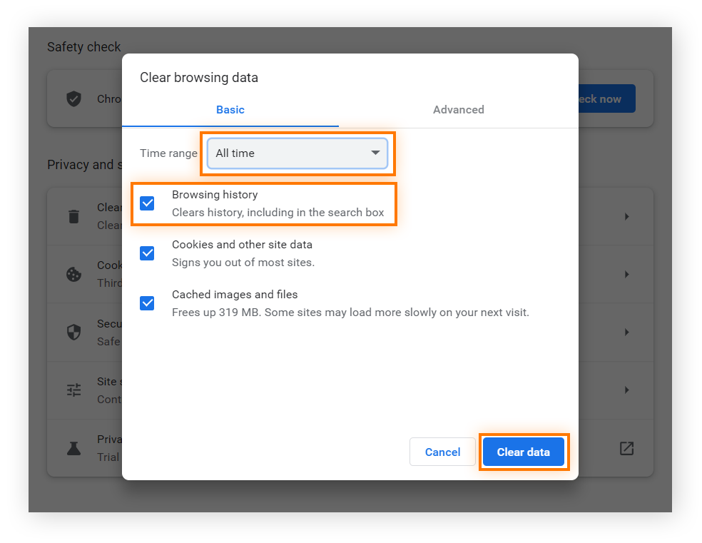 Eliminación del historial del navegador y otros datos de navegación en Google Chrome para Windows 10 y 11.