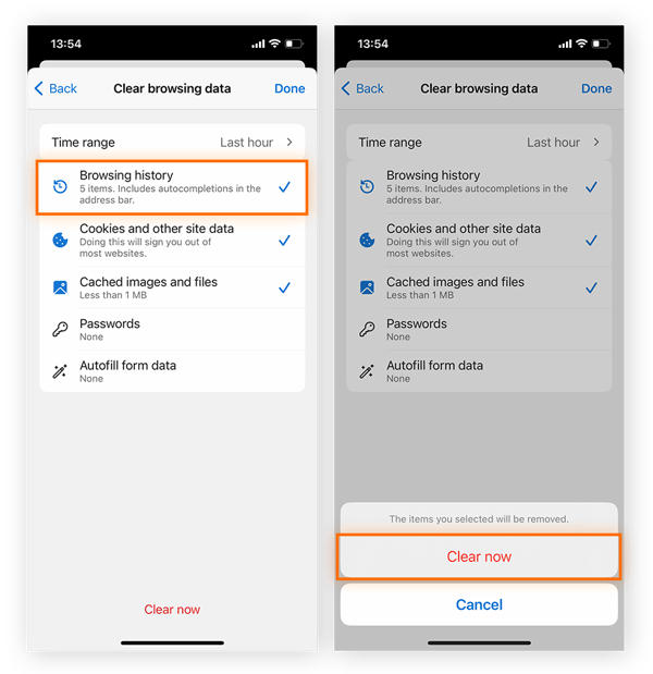Eliminación del historial de navegación y otros datos del navegador en Microsoft Edge para iOS.
