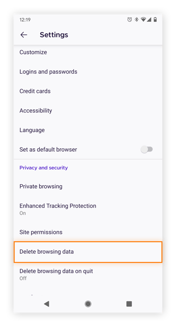 Borrado de los datos de navegación de Firefox en Android.