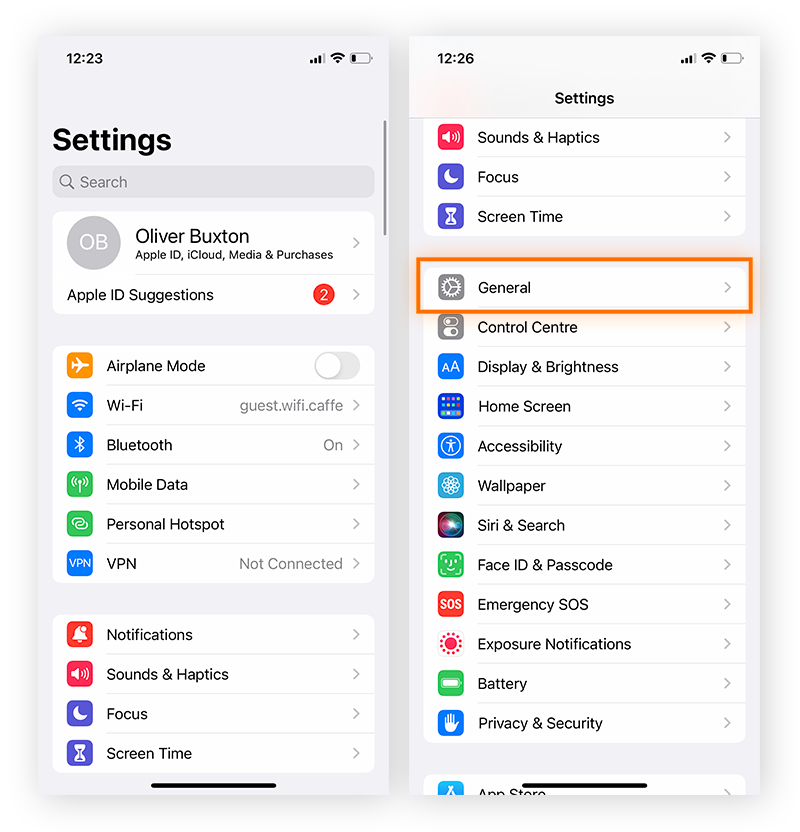 Ouverture des Réglages généraux sur iOS.