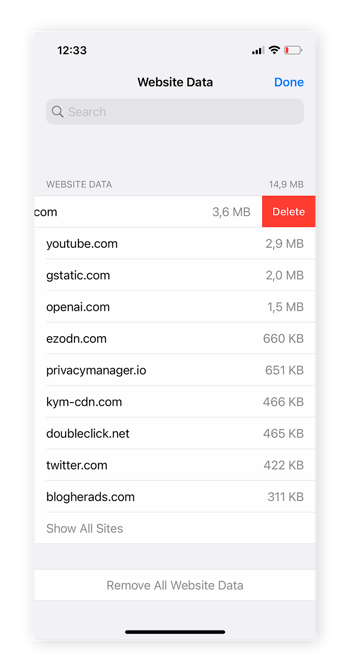 Suppression de toutes les données du cache de Safari ou des données d’un site web particulier.