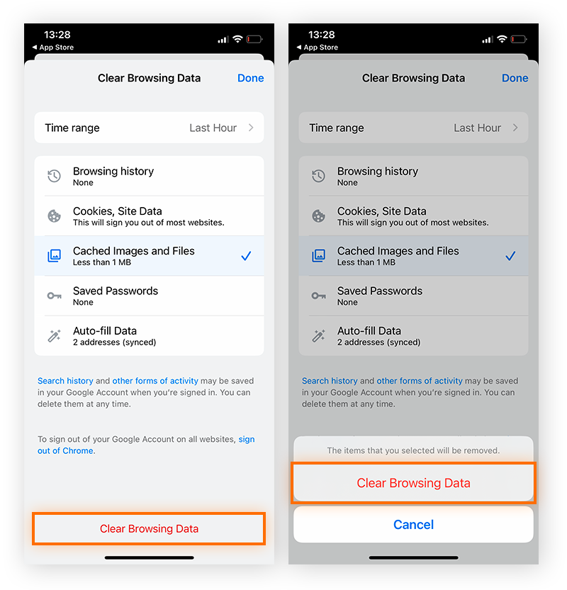 Effacer toutes les images et tous les fichiers en cache dans Google Chrome pour iPhone.