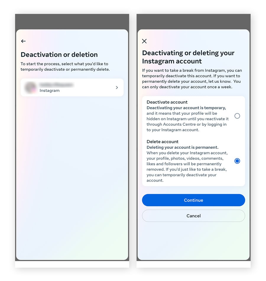 Menu Desativação ou exclusão no aplicativo Instagram, com a opção Excluir conta selecionada.