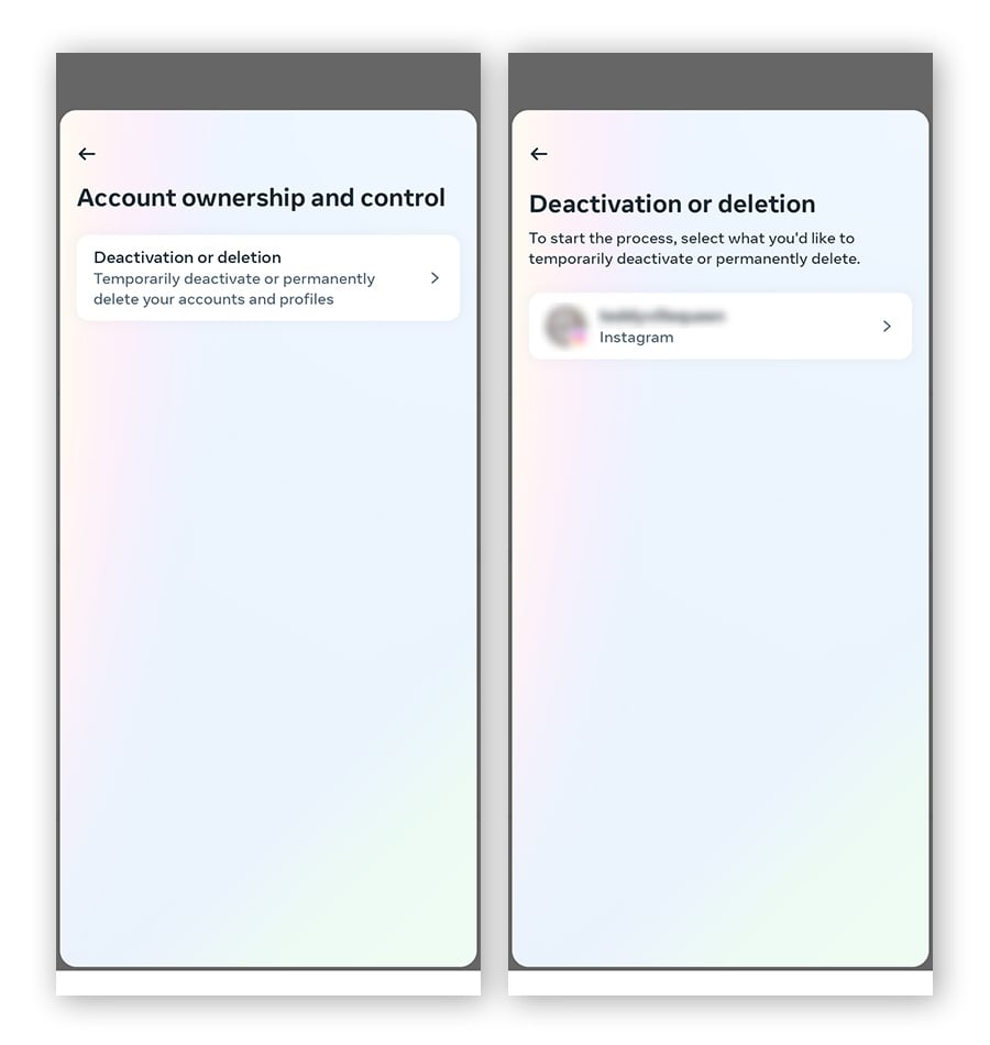 Menu Desativação ou exclusão no aplicativo Instagram, com a opção conta do usuário em destaque.