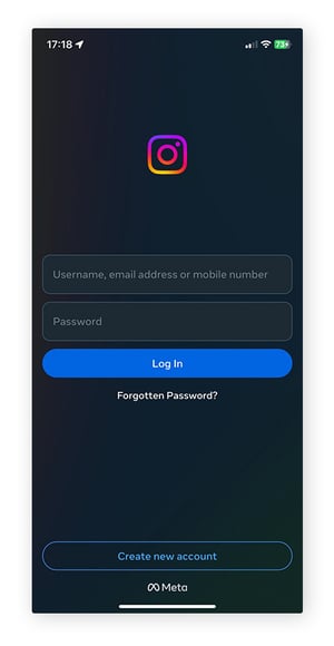 Tela de login do aplicativo Instagram