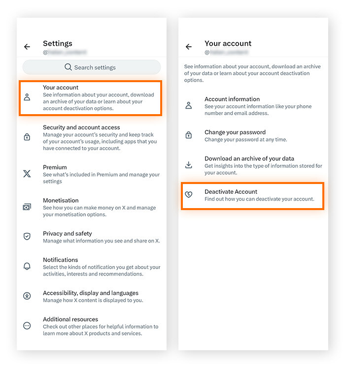 No menu Configurações e privacidade do X, toque em Sua conta e, em seguida, em Desativar conta.