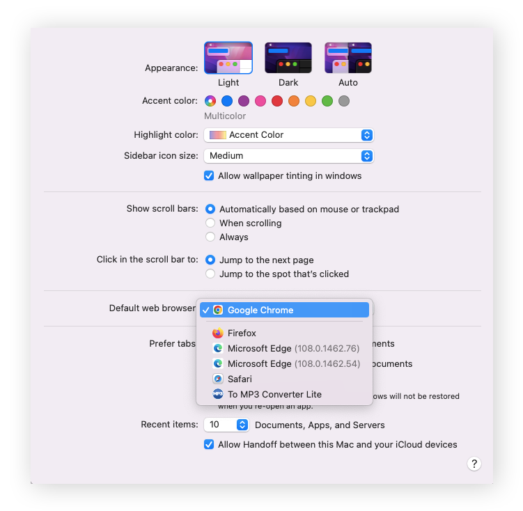 Google Chrome seleccionado junto al menú Navegador web predeterminado