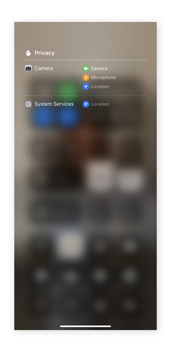 A tela Privacidade do iPhone mostra quais aplicativos estão usando no momento ou usaram recentemente a câmera, o microfone ou os serviços de localização.