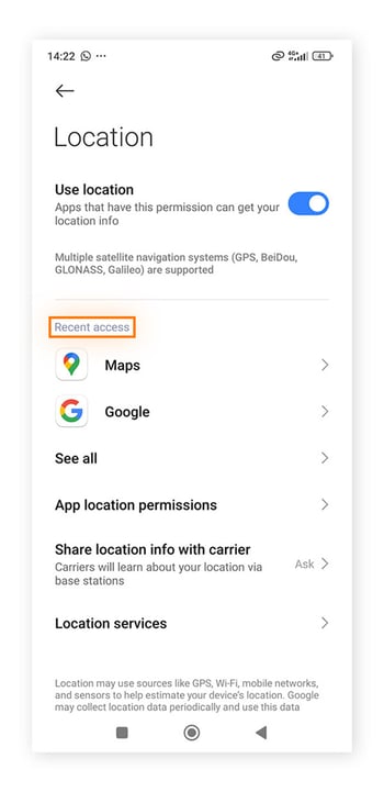 Você pode ver quais aplicativos acessaram recentemente sua localização no Android no menu de localização.