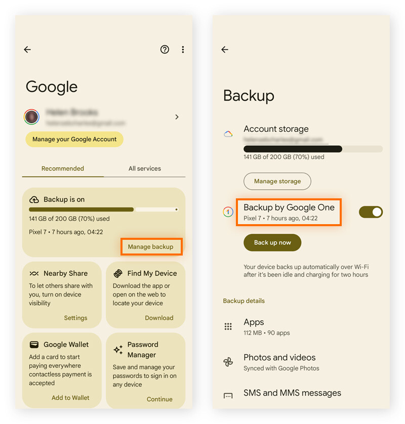 Capture d’écran de Google Services et du menu des préférences sur Android avec la sauvegarde en surbrillance