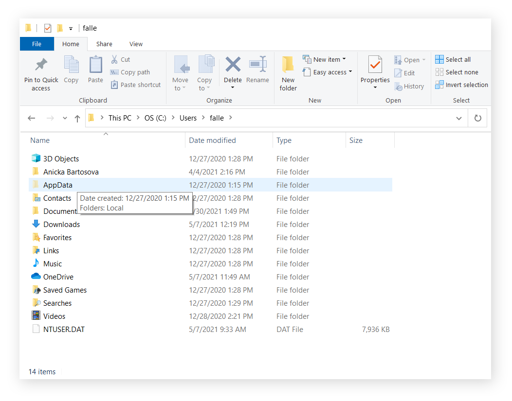 Find and select the AppData subfolder.