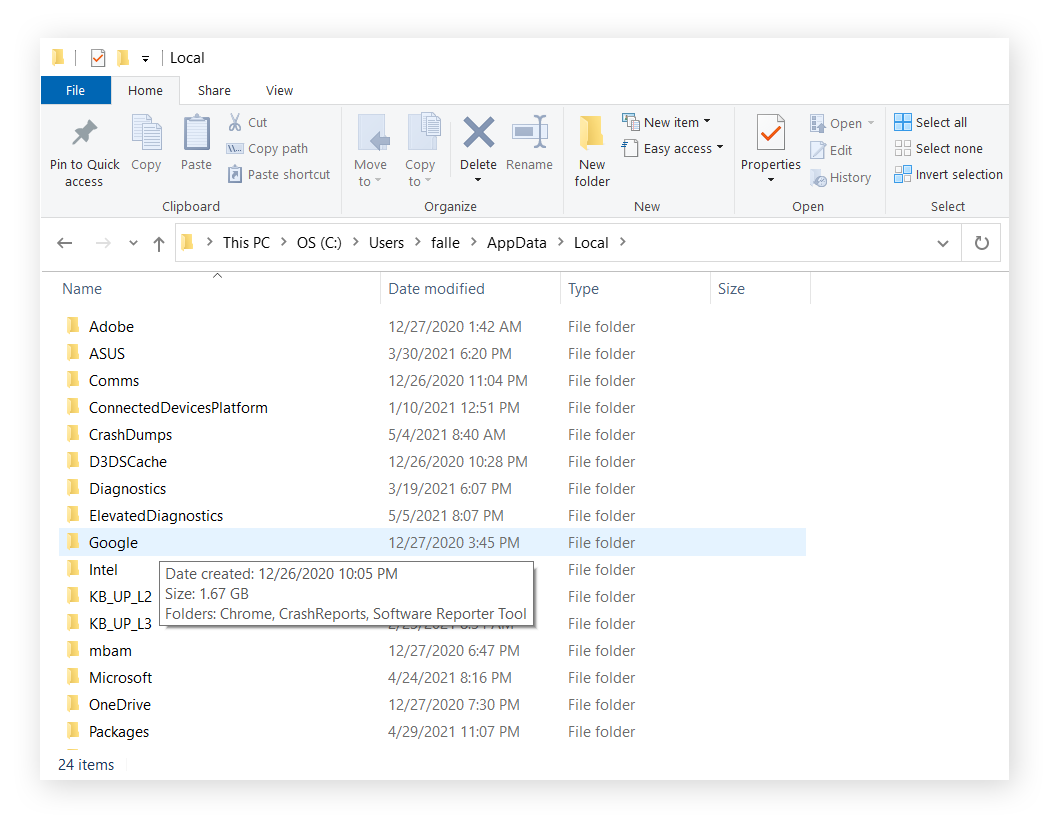 Finding the Google folder in the Local folder of your Appdata folder.