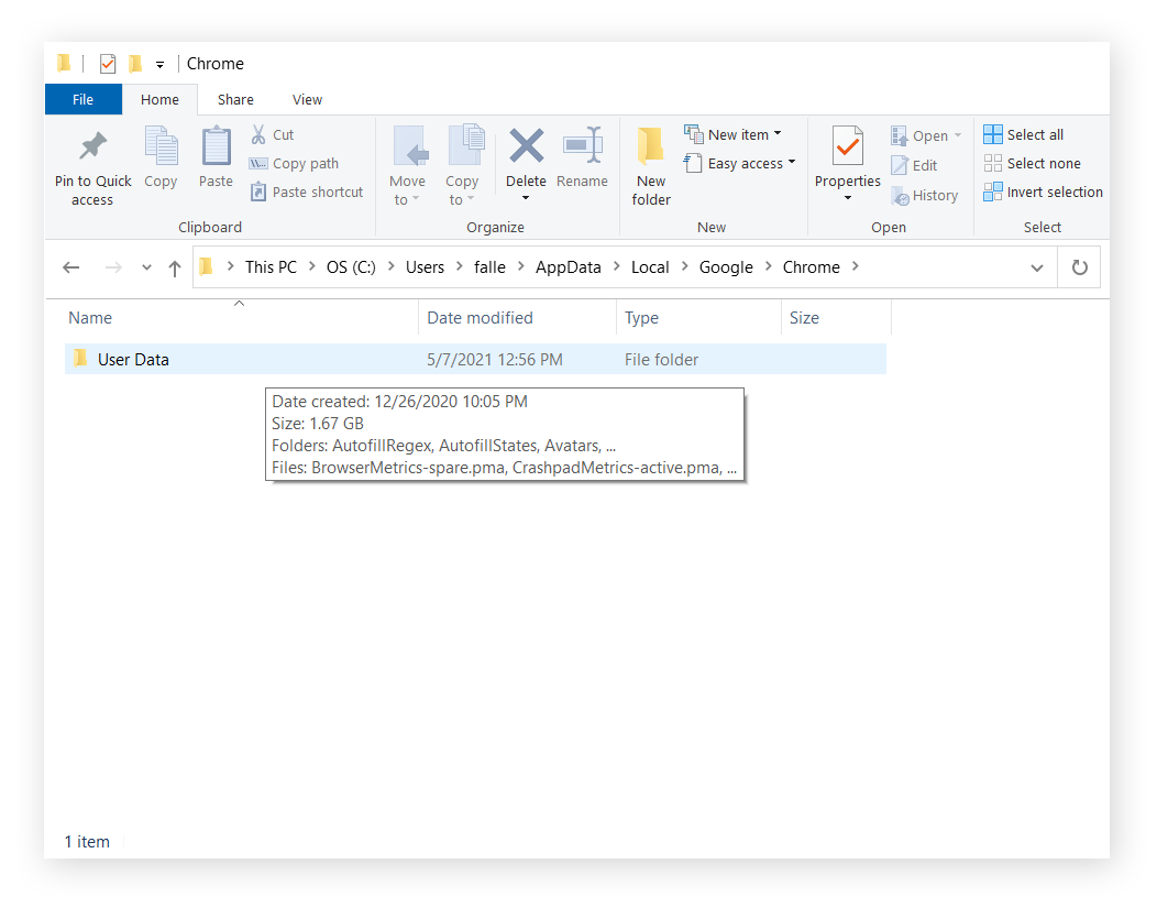 The Default subfolder is housed within "User Data."
