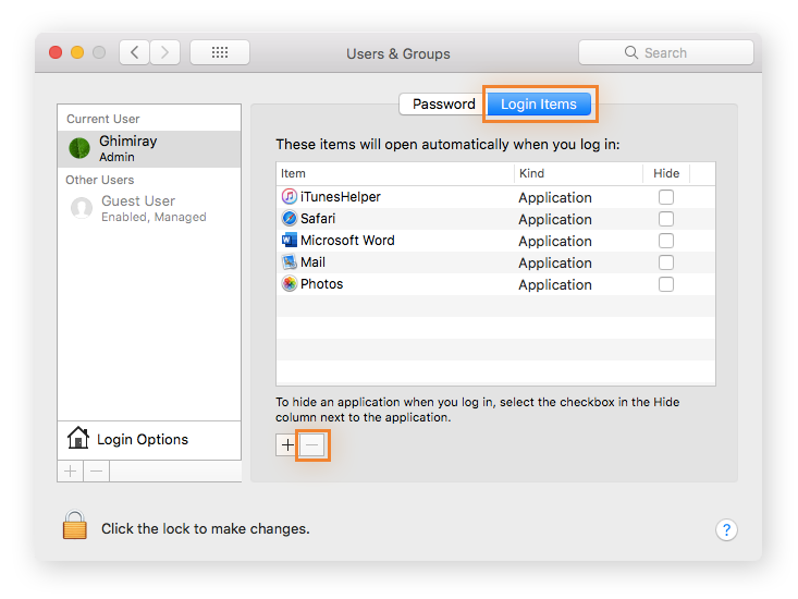 Stopping startup programs via the macOS users & groups window.