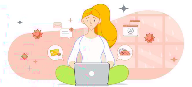 Ilustração de um usuário de notebook cercado por possíveis sinais de aviso falso de vírus.