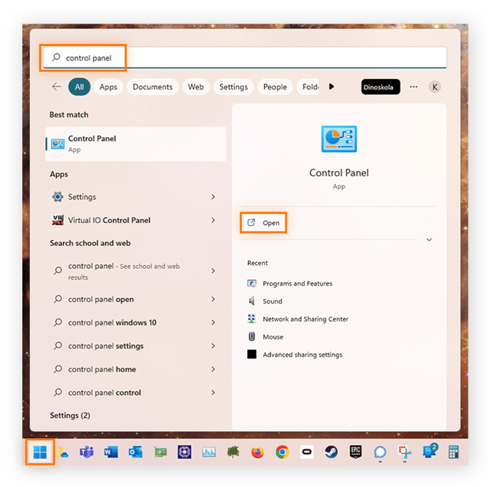 Ouverture du Panneau de configuration via le menu Démarrer de Windows sous Windows 11.