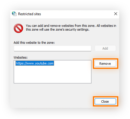 Suppression de youtube.com des sites web restreints dans les paramètres administrateur réseau de Windows 11.