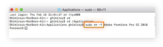 Suppression d’une application à l’aide de la commande « sudo rm -f » dans Terminal sous macOS Sonoma.
