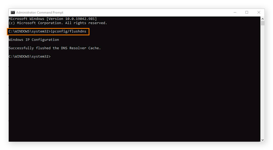 Effacement du cache DNS depuis l’invite de commande Windows avec la commande ipconfig/flushdns.