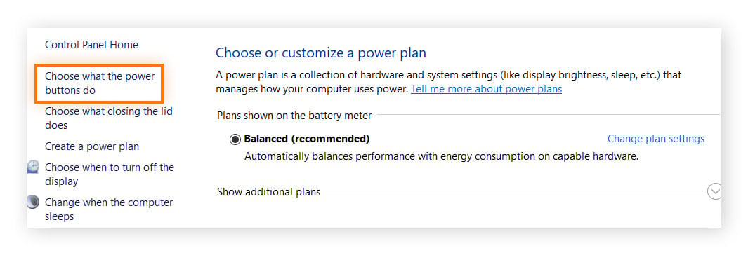 Configurações de energia no Windows 10.