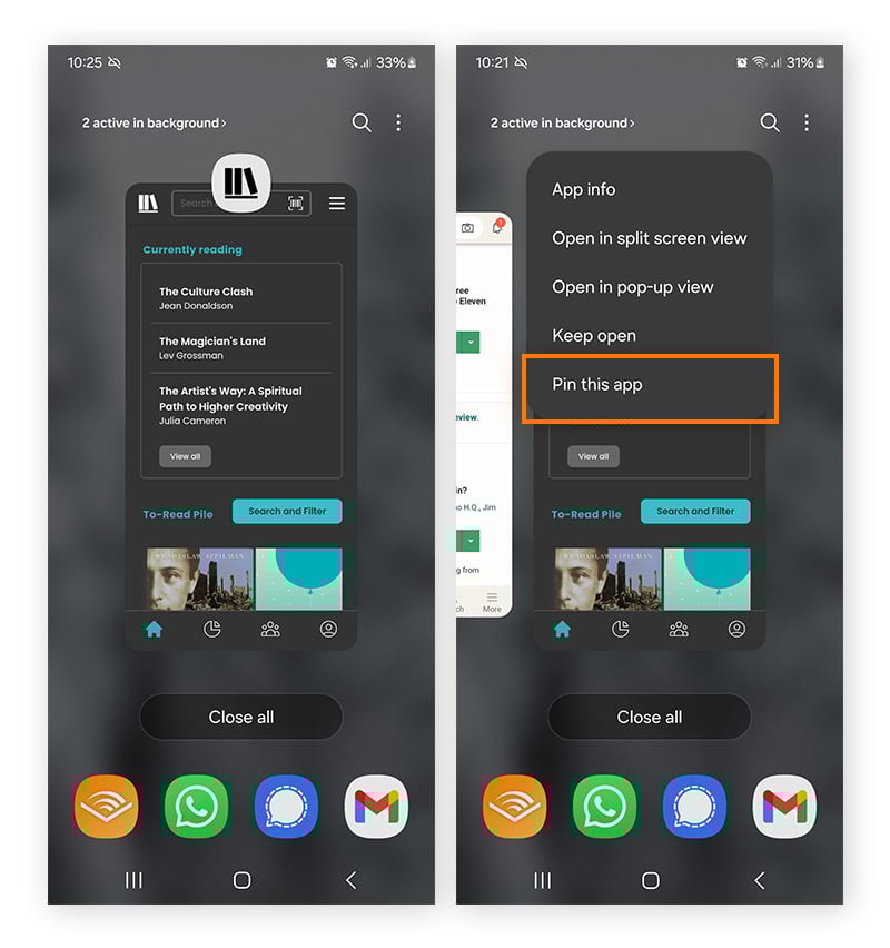 Anheften einer App, um die Navigation zu anderen Apps auf einem Android-Mobiltelefon zu verhindern.