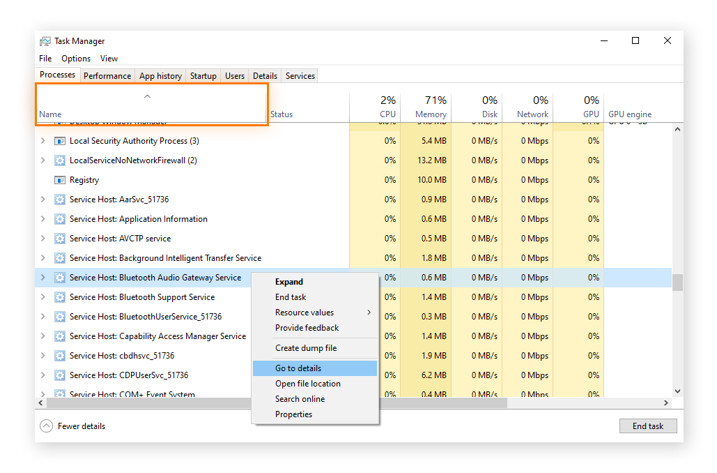 Sortieren nach Namen und Klicken mit der rechten Maustaste, um weitere Details zu Diensthost-Dateien im Task-Manager unter Windows 10 anzuzeigen.