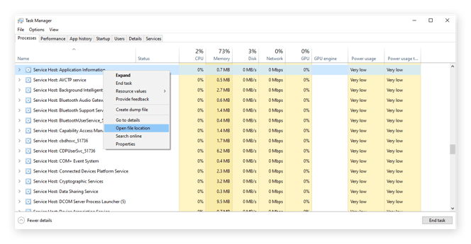 Öffnen des Dateipfads für „Diensthost: Anwendungsinformationen“ im Task-Manager unter Windows 10.