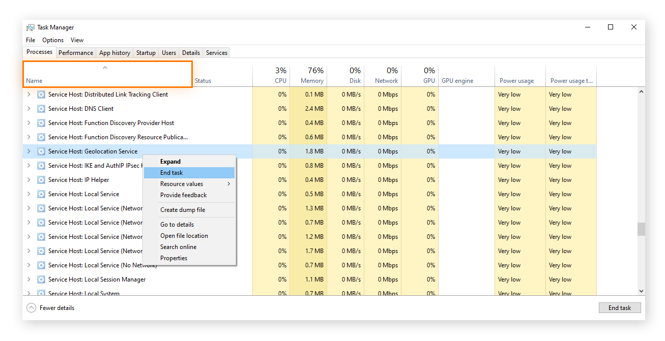 Beenden des Tasks „Diensthost: Geolocation-Dienst“ im Task-Manager unter Windows 10.