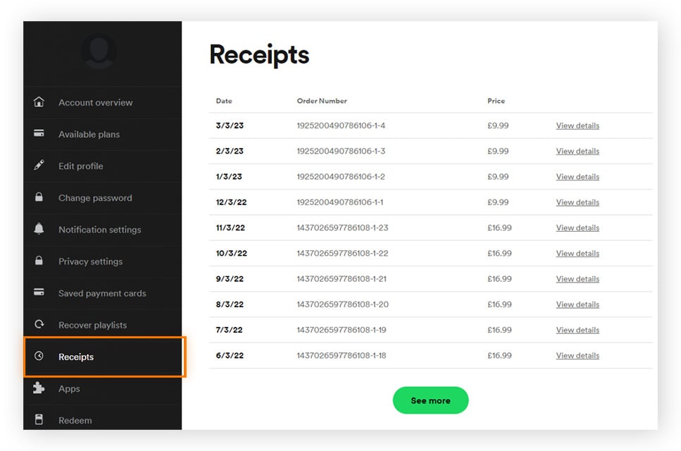 Localiser ses reçus dans les paramètres d’un compte Spotify